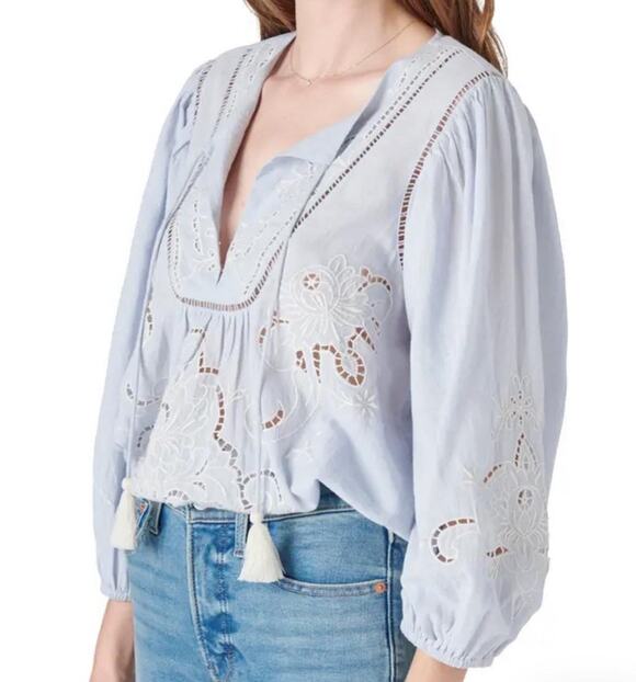 Lucky Brand Tops - Lucky Brand Embroidered Cotton Peasant Blouse Chambray Blue Women's Size XS NWT